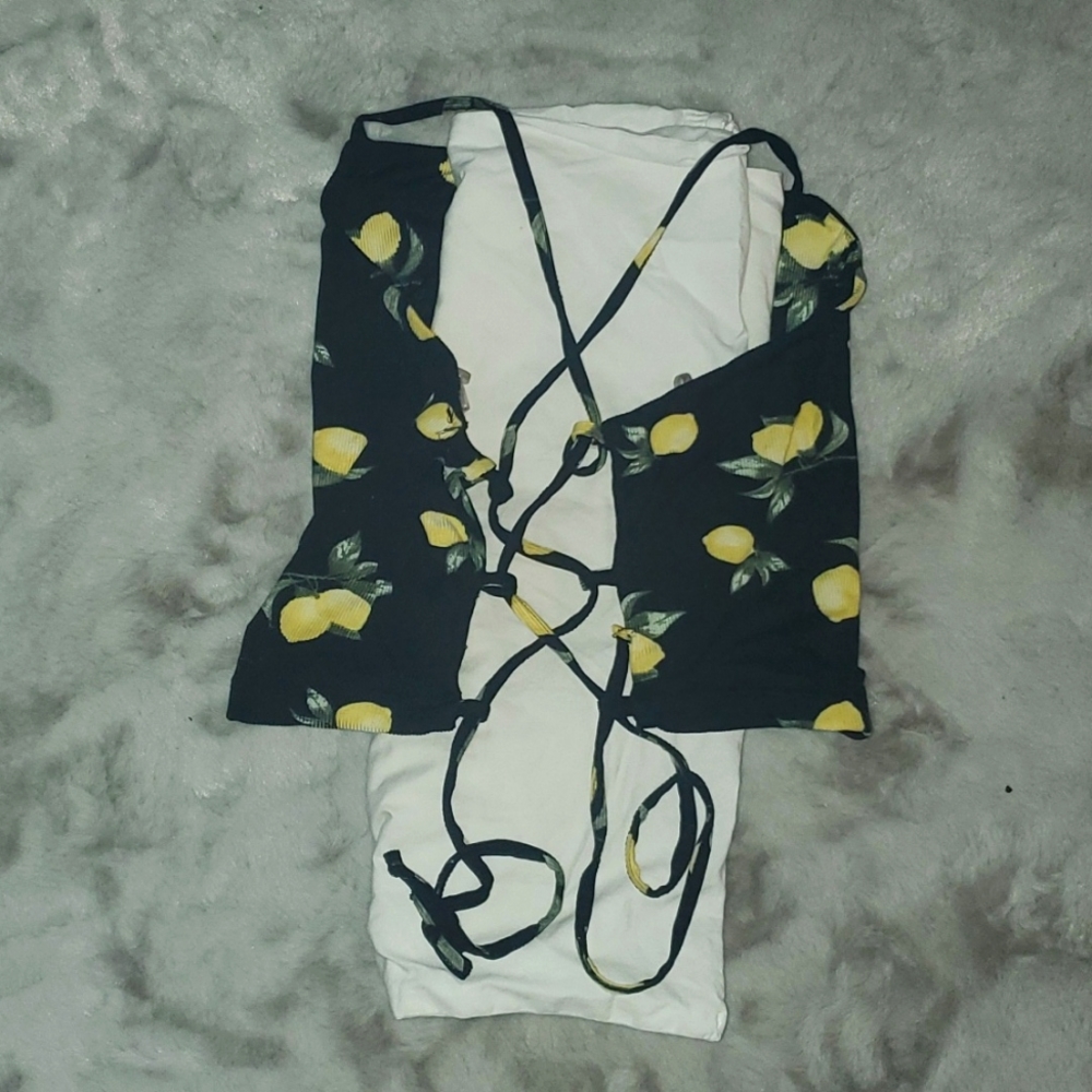 2/$5 Lemon-print Lace-back Crop Tank